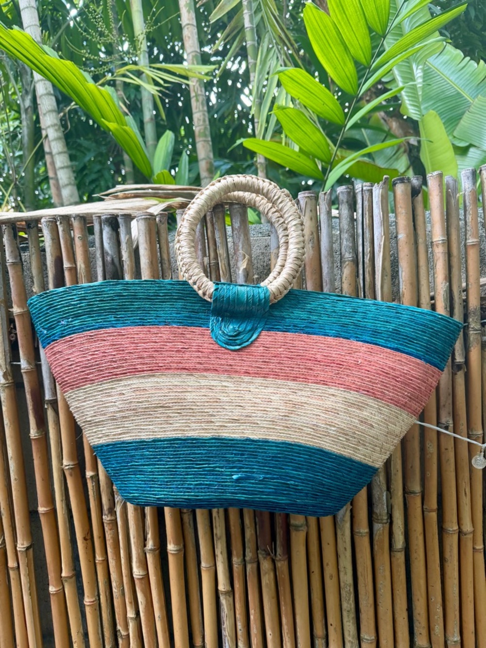 Palm Leaf Straw Handwoven Striped Market Beach Pool Tote Bag Circle Handle - Picture 2 of 5